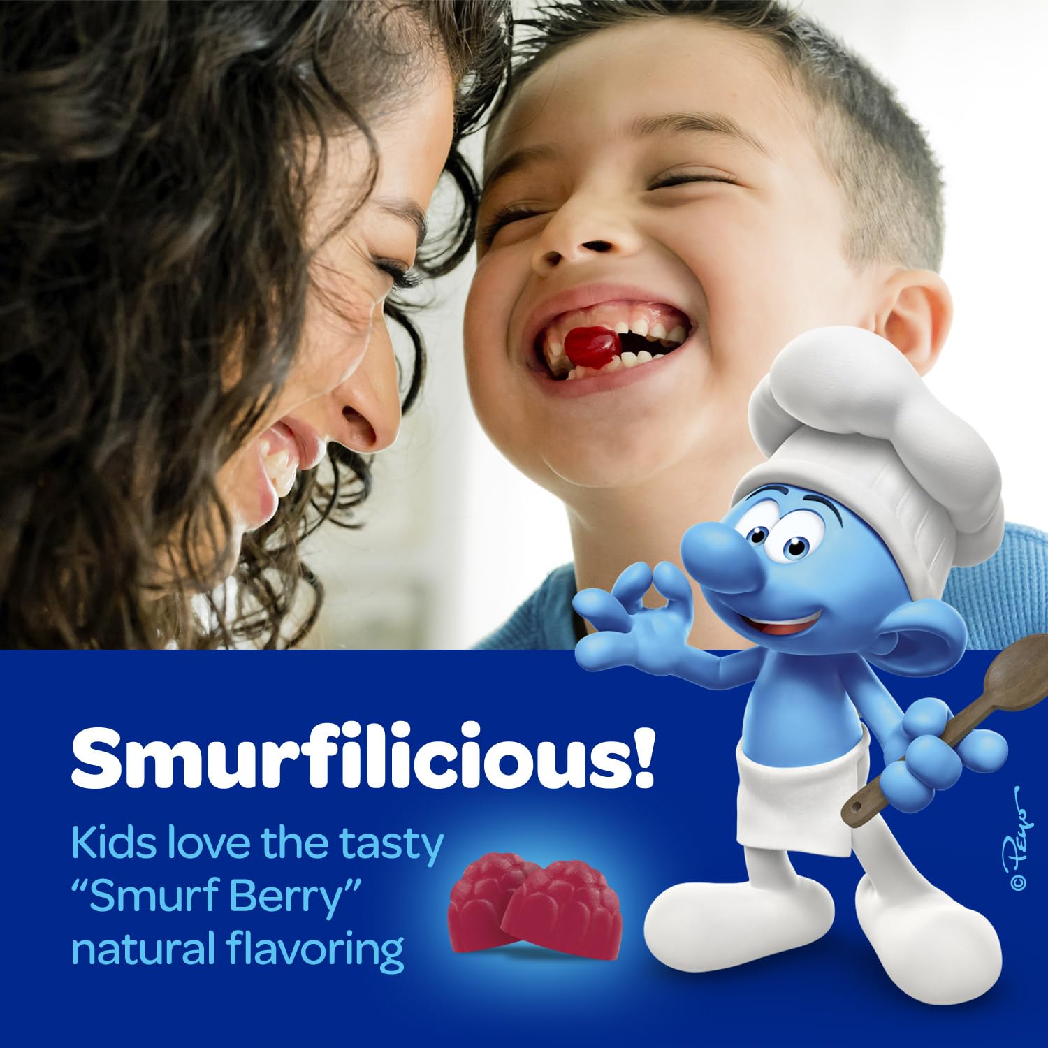 Smurfs Kids Calm Gummies ingredients panel emphasizes non-GMO and natural components