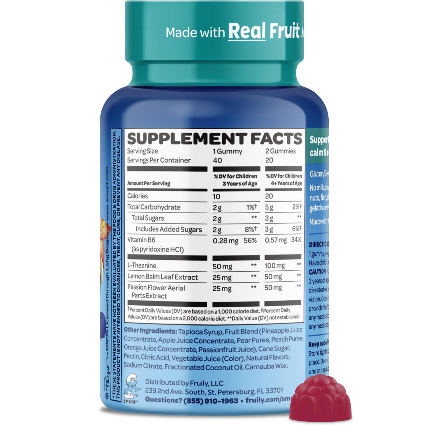 Smurfs Kids Calm Gummies L-theanine emphasis shows gentle calm for activities