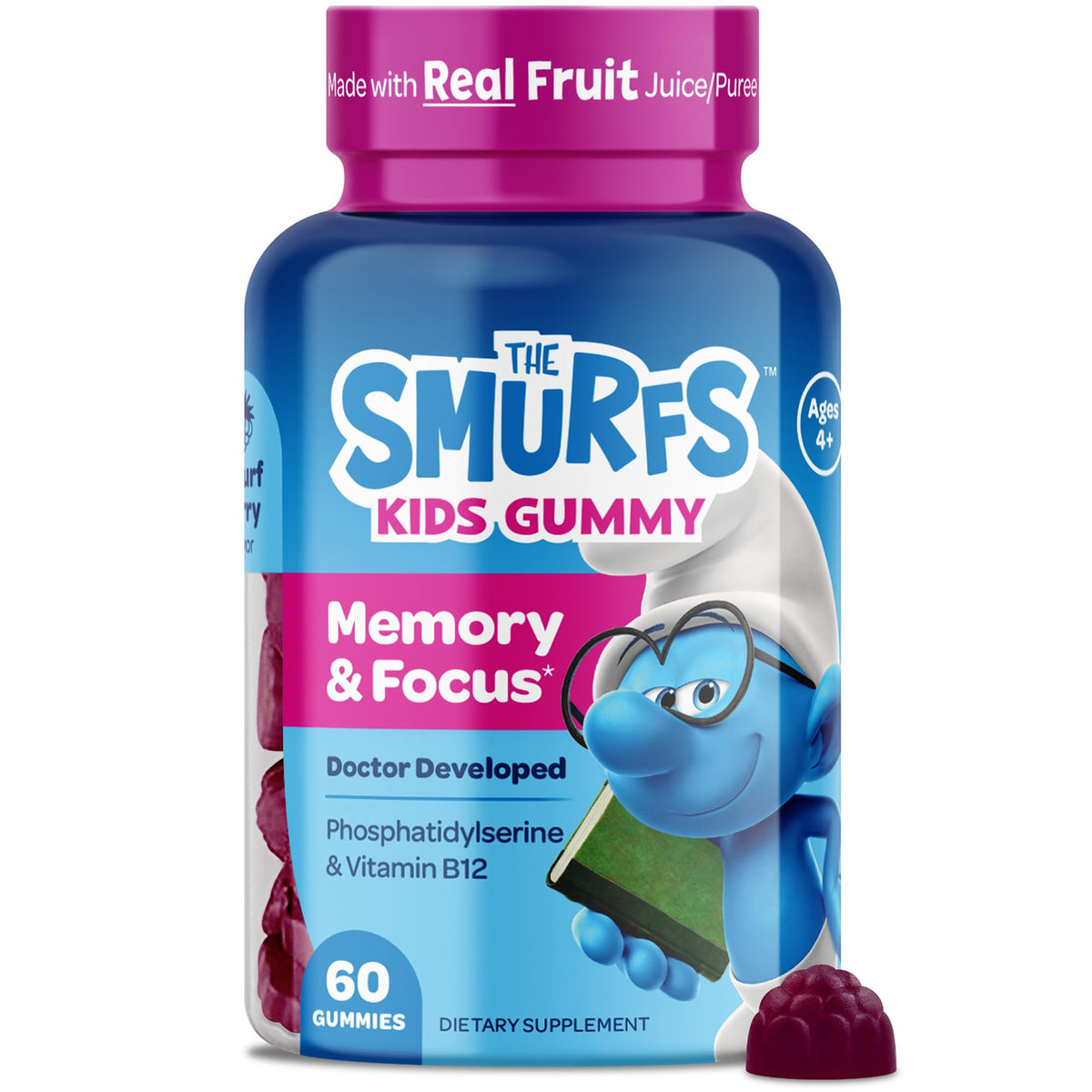 VITABURST Smurfs Kids memory and focus gummies jar front for daily support.