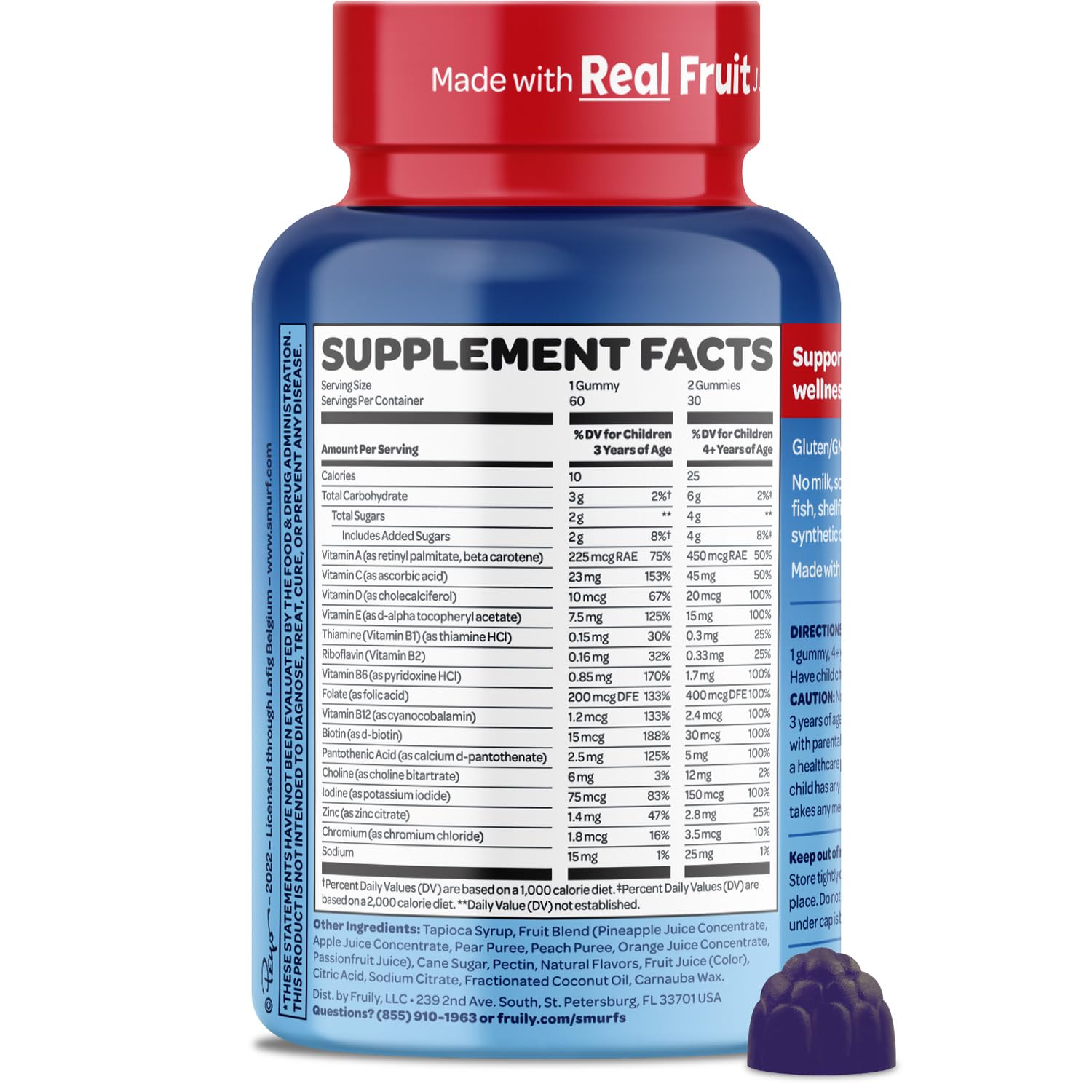 Vitaburst Smurfs Kids Multivitamin Gummies bottle closeup doctor-developed daily nutrition.