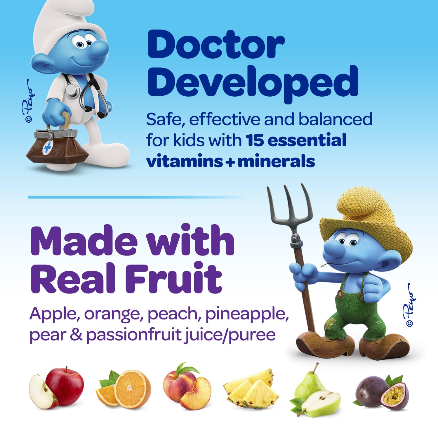 Vitaburst Smurfs Kids Multivitamin Gummies pear flavor non-GMO for kids' nutrition.