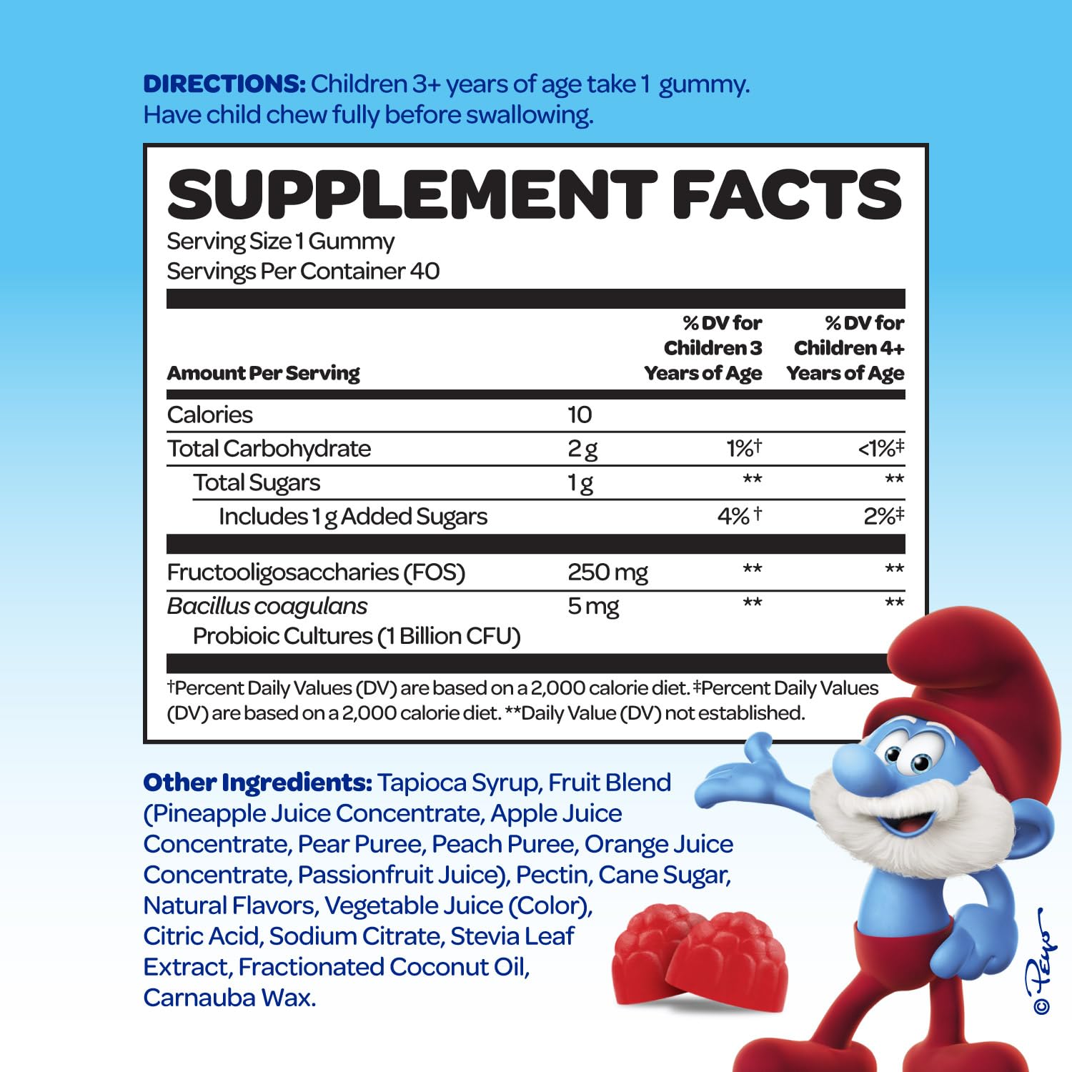 VITABURST Smurfs probiotics bottle back reveals dosage and doctor-developed formula for picky eaters