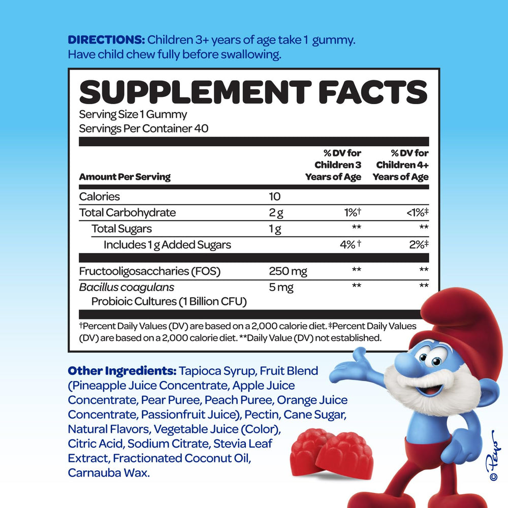 VITABURST Smurfs probiotics bottle back reveals dosage and doctor-developed formula for picky eaters