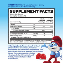 VITABURST Smurfs probiotics bottle back reveals dosage and doctor-developed formula for picky eaters
