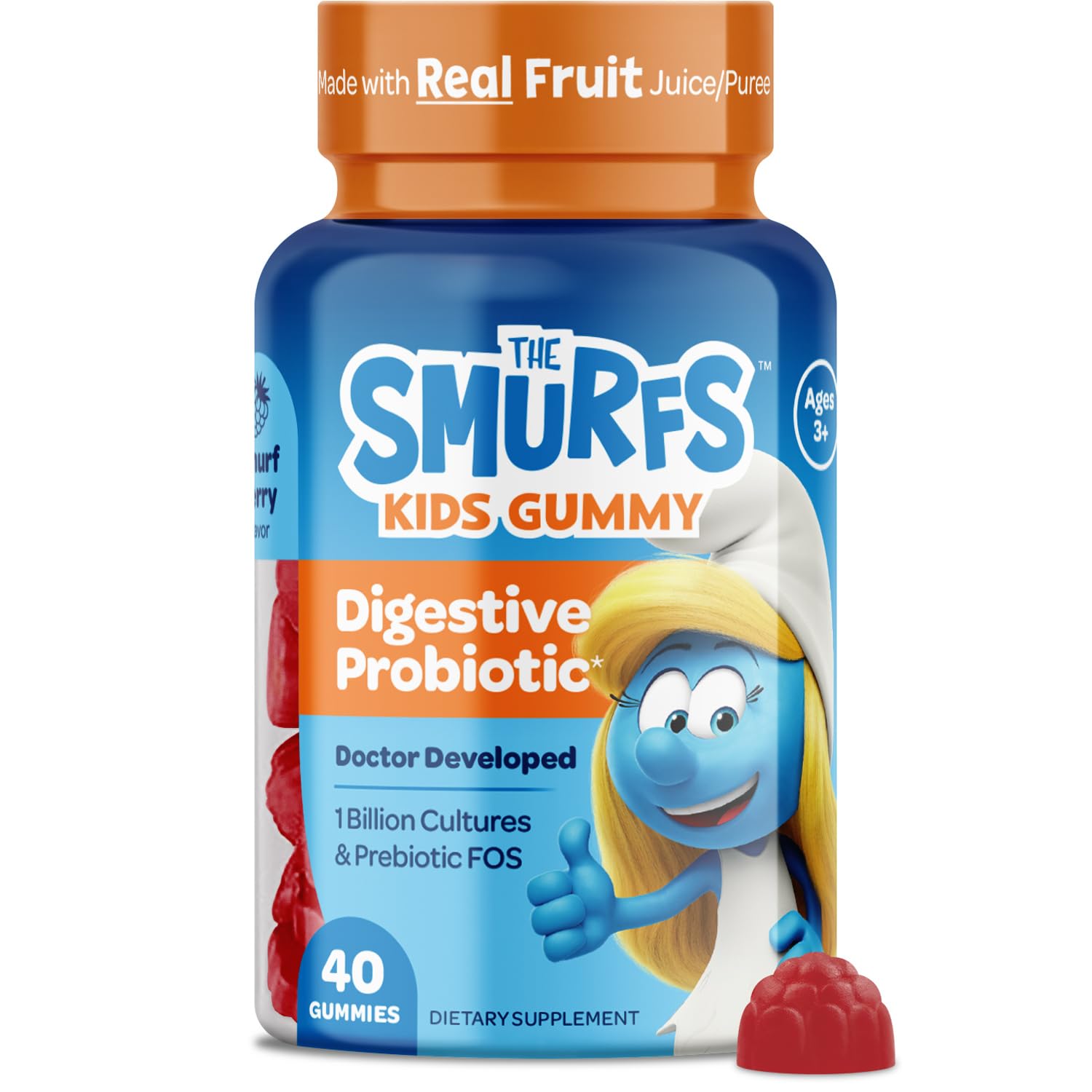 VITABURST Smurfs kids probiotics bottle front showcases kid-friendly packaging for daily gut support