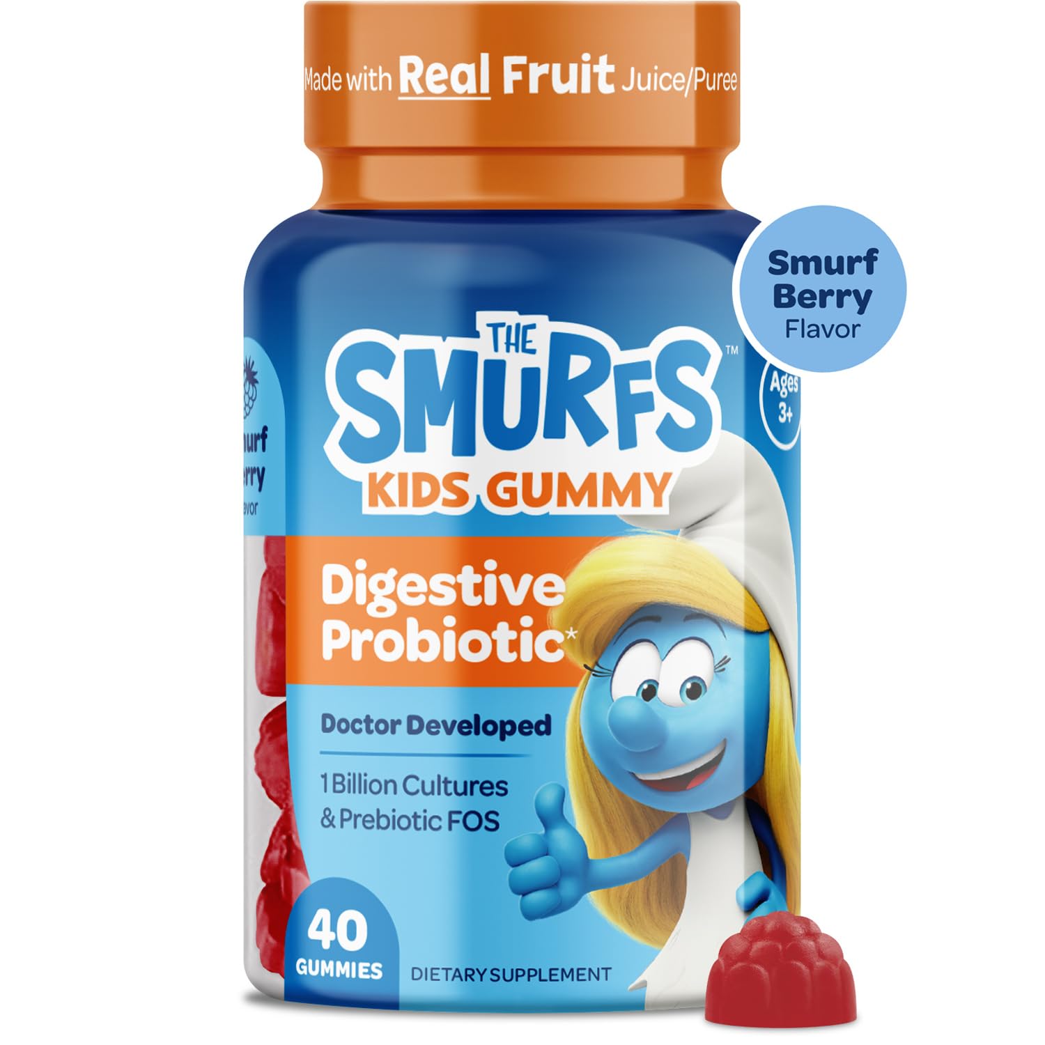 VITABURST Smurfs probiotics bottle with multi-flavor assortment supports daily immune and gut routines