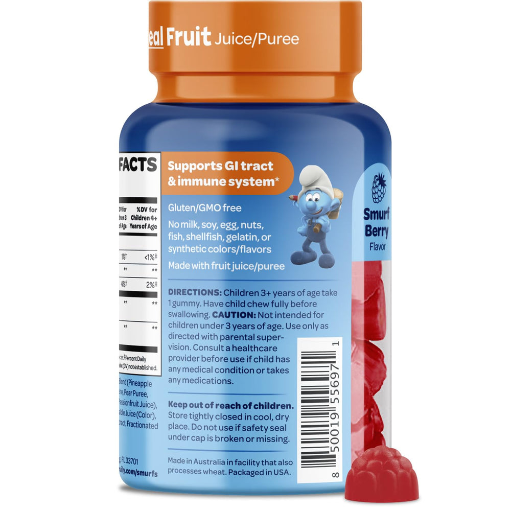 VITABURST Smurfs gummies real-fruit ingredients hint at natural flavors and no artificial sweeteners