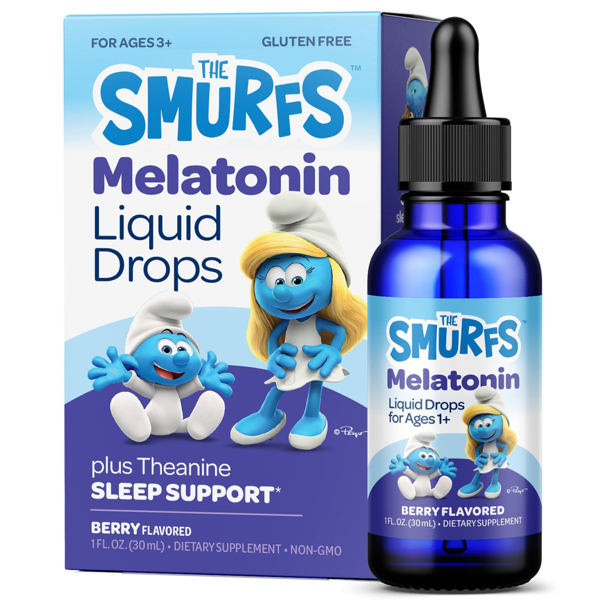 VITABURST Smurfs melatonin drops bottle close-up for kid-friendly sleep support.