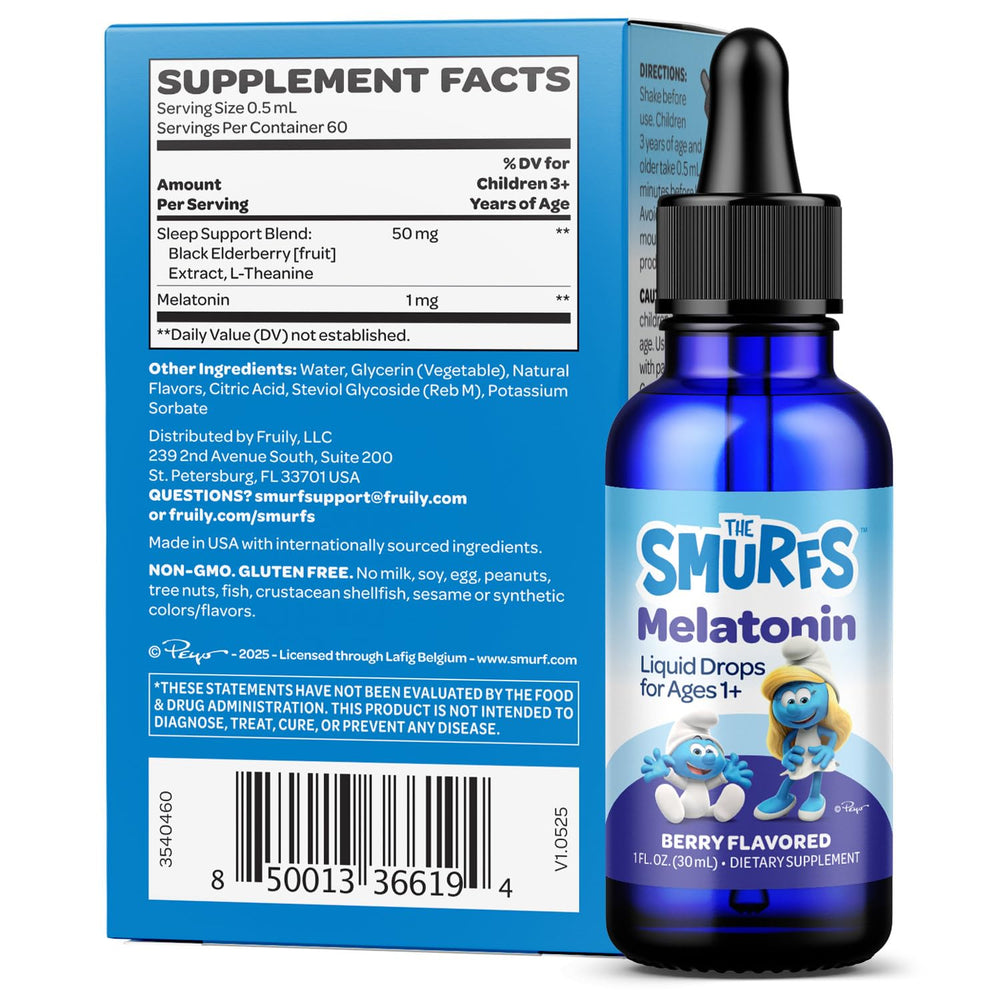 VITABURST Smurfs melatonin drops dropper ready for easy nighttime use.