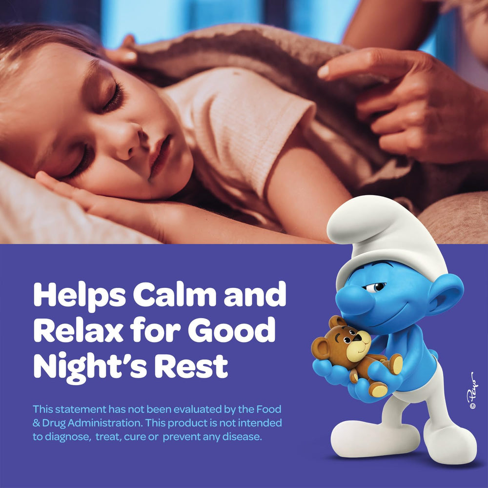 VITABURST Smurfs melatonin drops elderberry and l-theanine for calming routines.