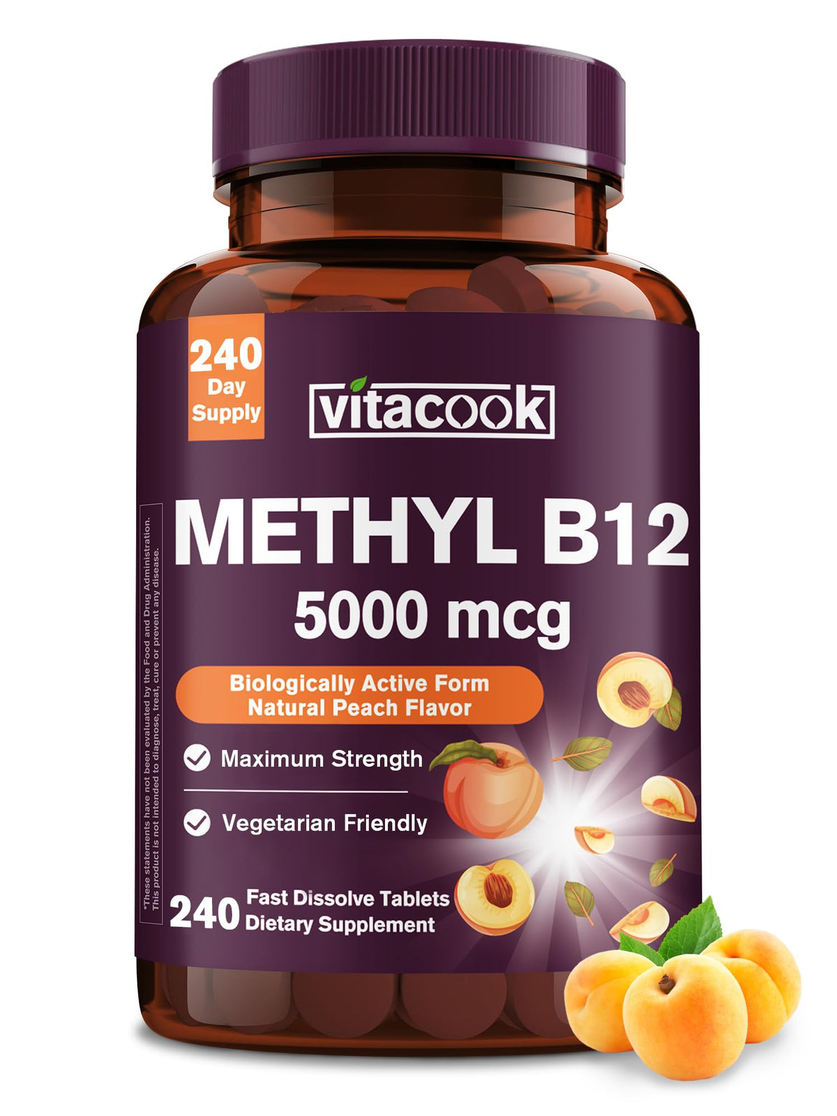 Vitacook B12 sublingual bottle with peach flavor and 5000mcg for convenient daily use.