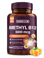 Vitacook B12 sublingual bottle with peach flavor and 5000mcg for convenient daily use.