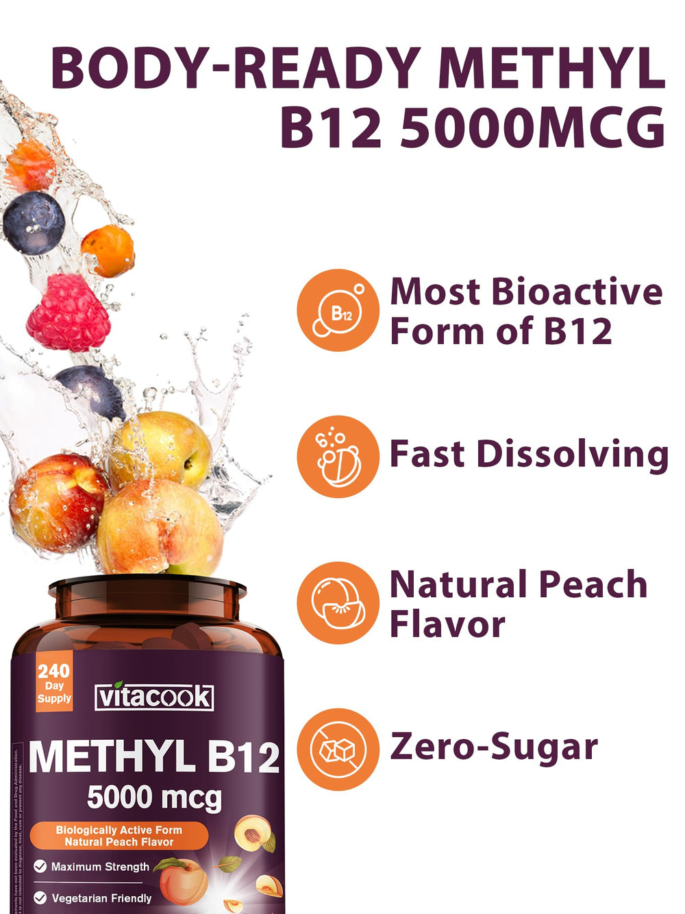Close-up of Vitacook B12 sublingual tablets dissolving under the tongue.