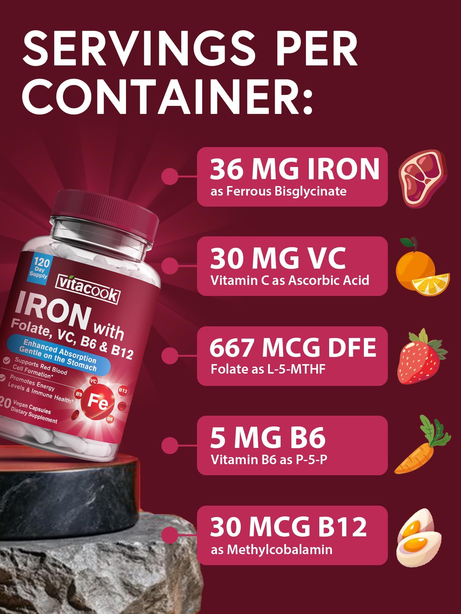 Vitacook iron bottle front view shows easy-to-swallow vegan capsules