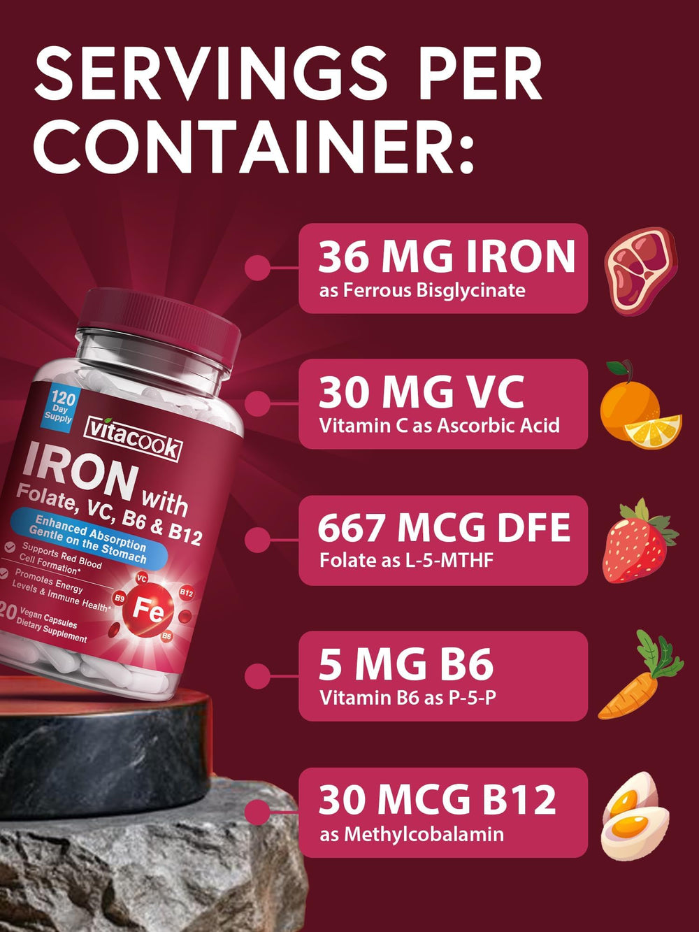 Vitacook iron bottle front view shows easy-to-swallow vegan capsules