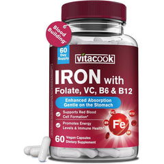 Vitacook Iron Supplement bottle with vegan capsules for daily energy support