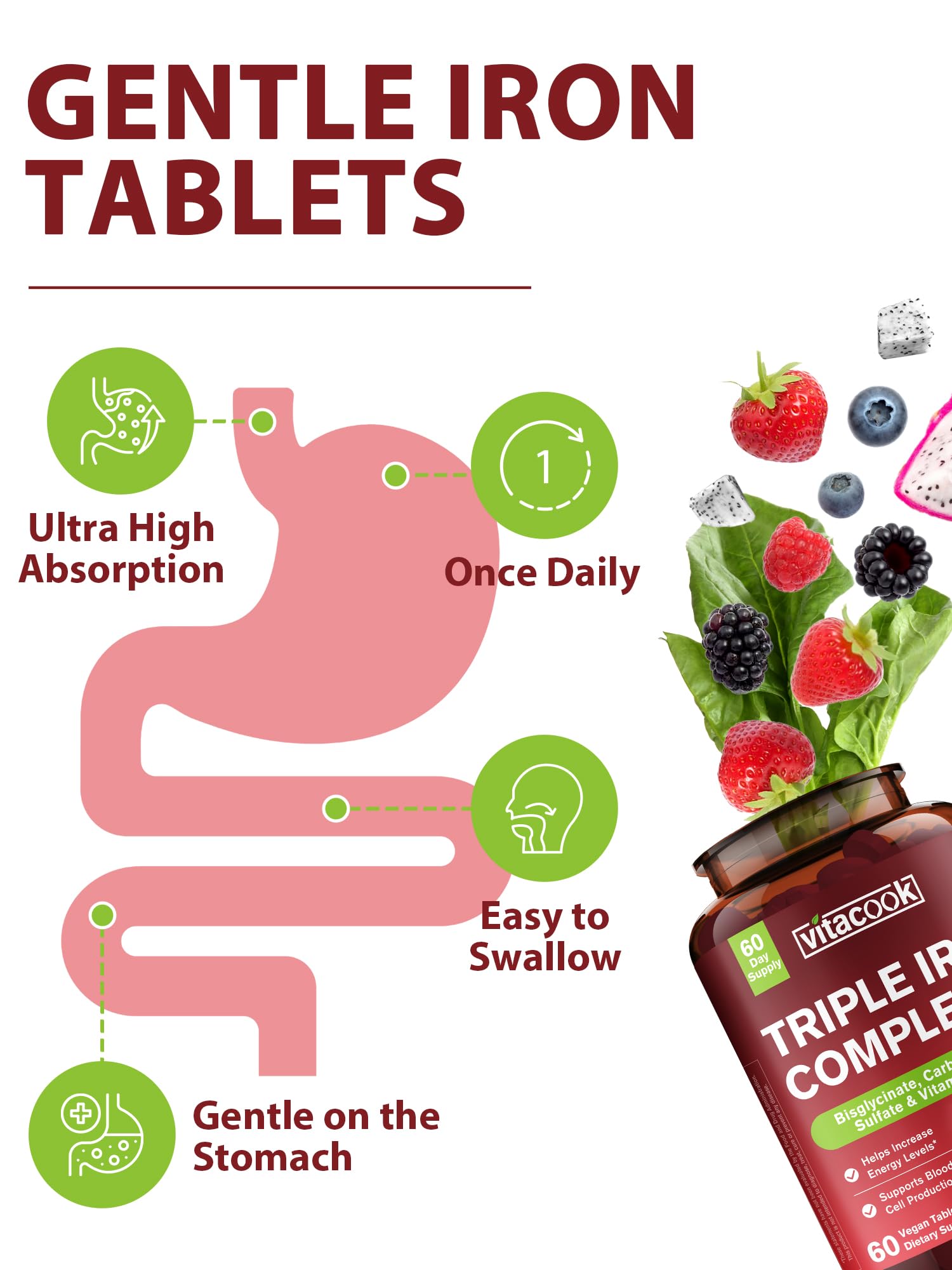 Vitacook iron supplement label close-up showing ingredients for absorption