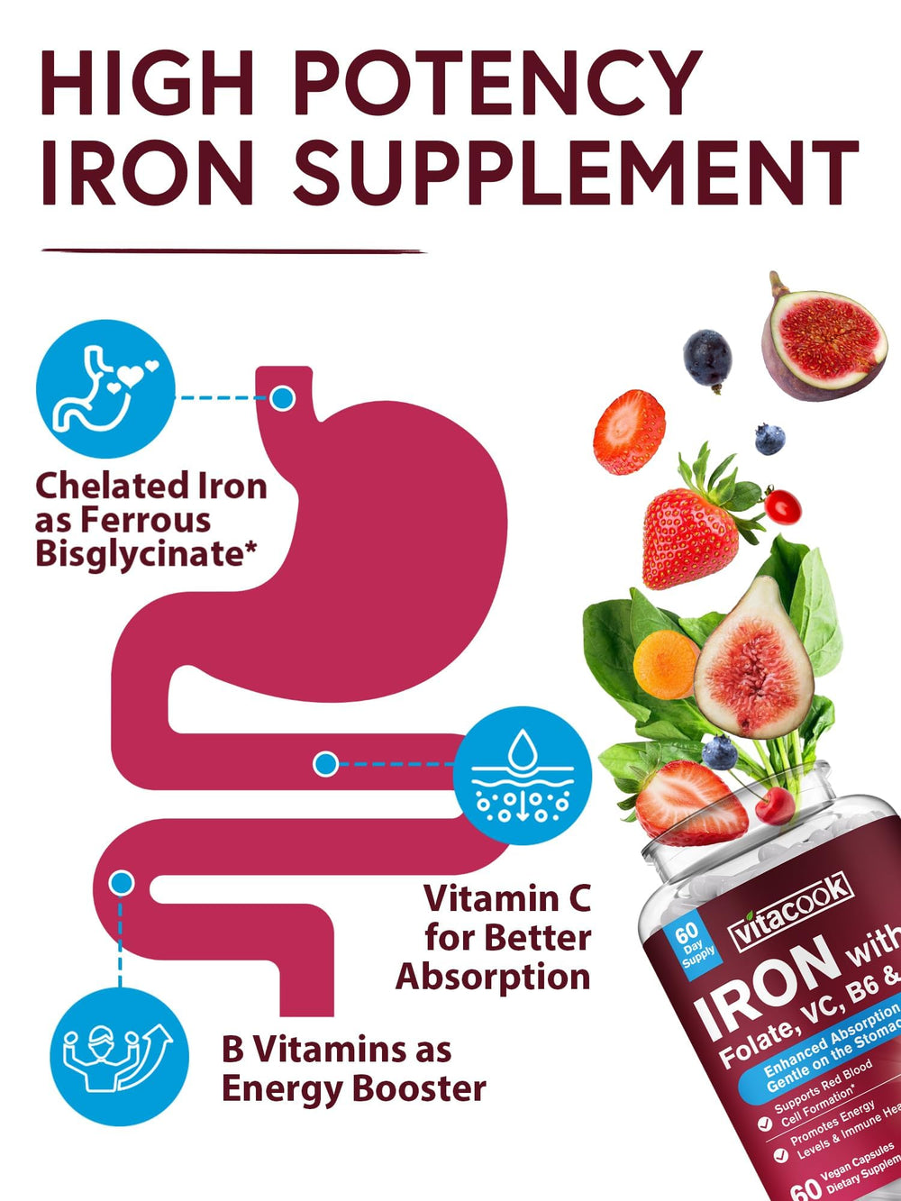 Vitacook Iron Supplement label showing ingredients and vegan formulation