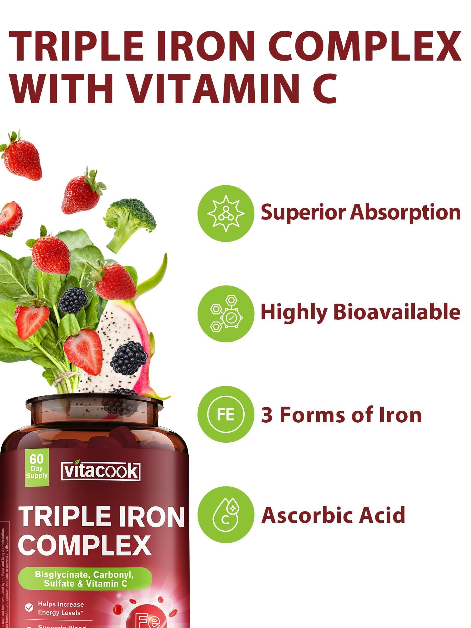 Vitacook iron supplement seal showing vegan, non-GMO and gluten-free claims