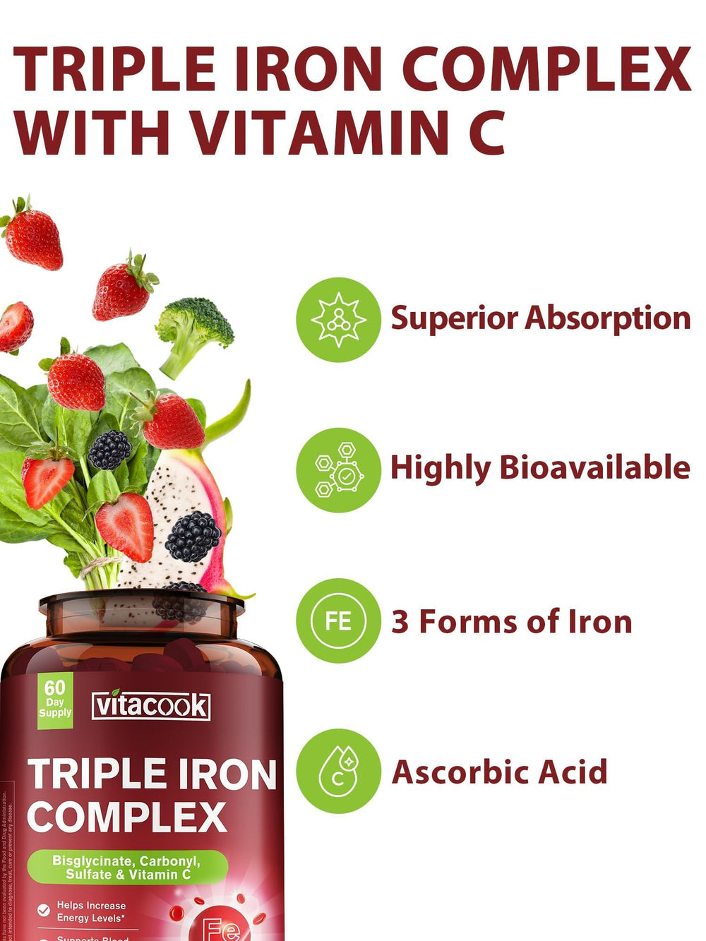 Vitacook iron supplement seal showing vegan, non-GMO and gluten-free claims