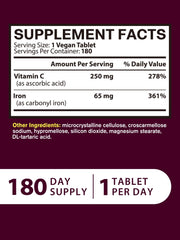 Vitacook iron-tablet with vitamin C image emphasizes enhanced absorption potential.