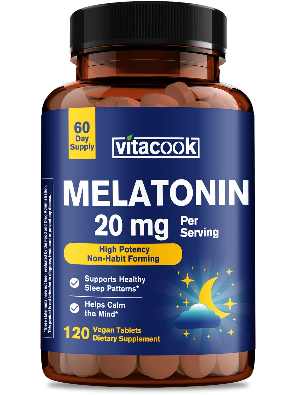 Vitacook Melatonin 20mg bottle close-up for restful sleep support