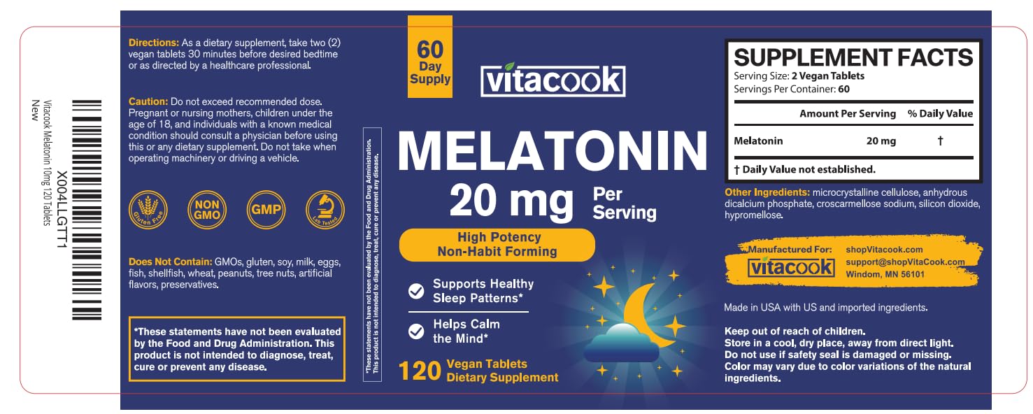Vitacook Melatonin bottle beside a bedside lamp for night time rest