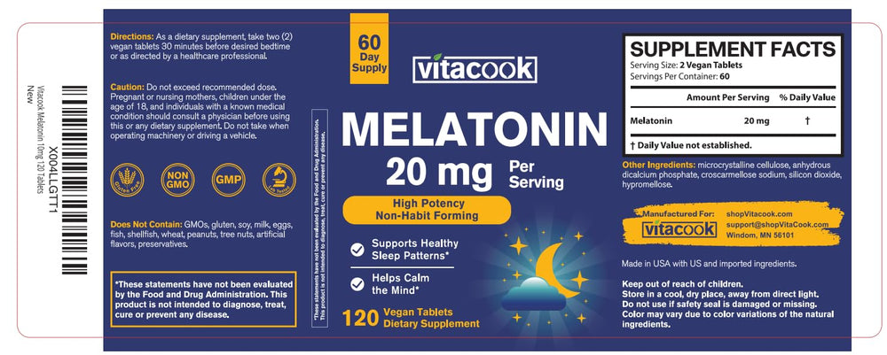 Vitacook Melatonin bottle beside a bedside lamp for night time rest