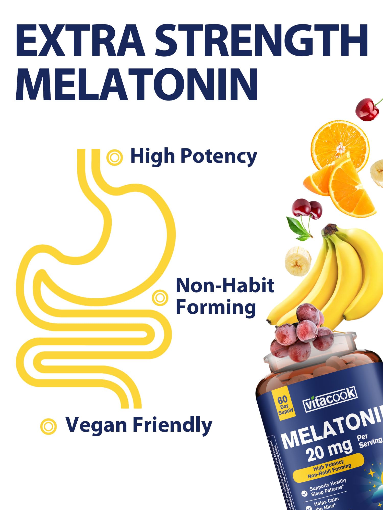 Packaging of Vitacook Melatonin vegan tablets highlighting purity