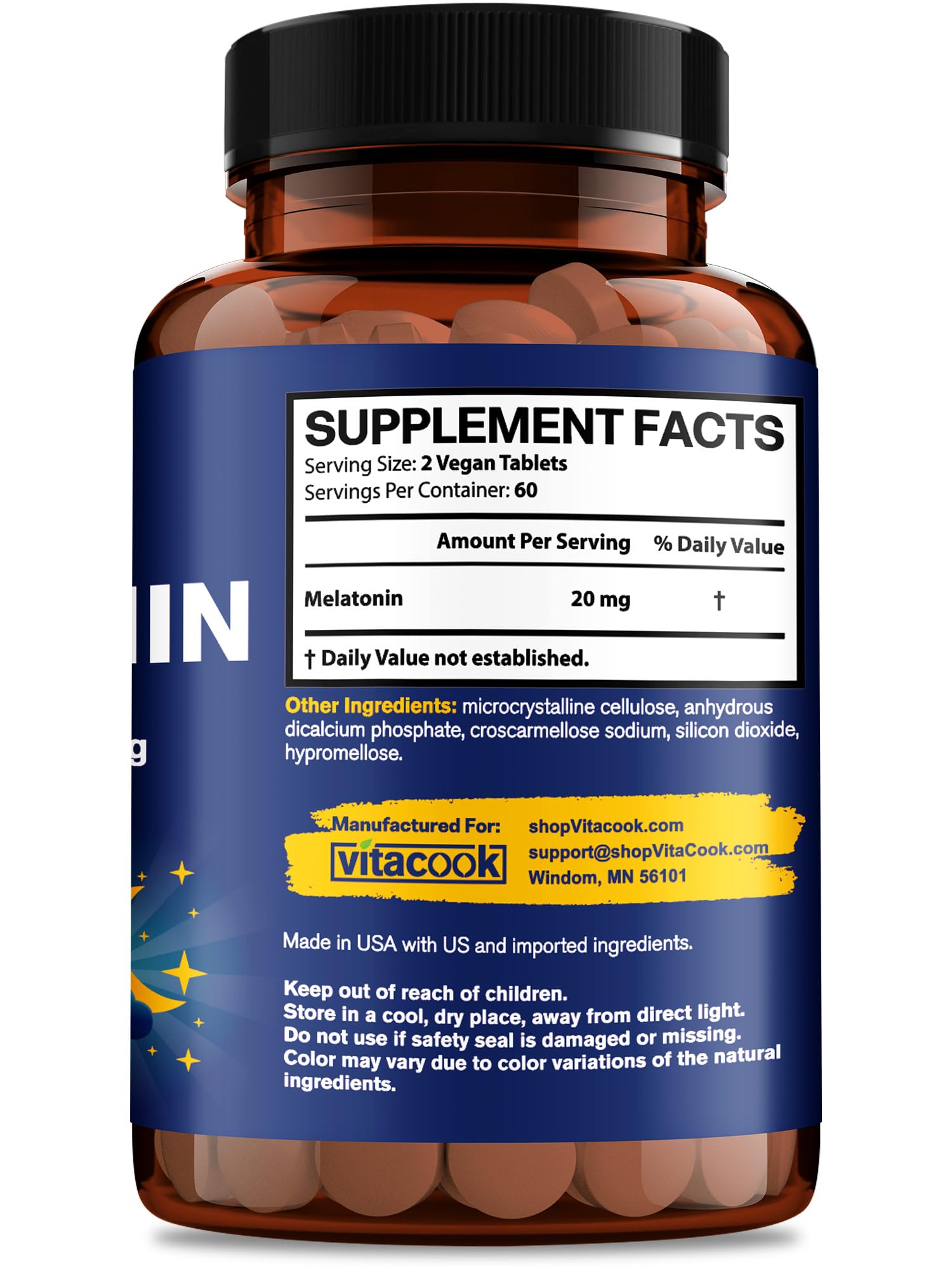 Vitacook Melatonin pills arranged in a line for nightly routine