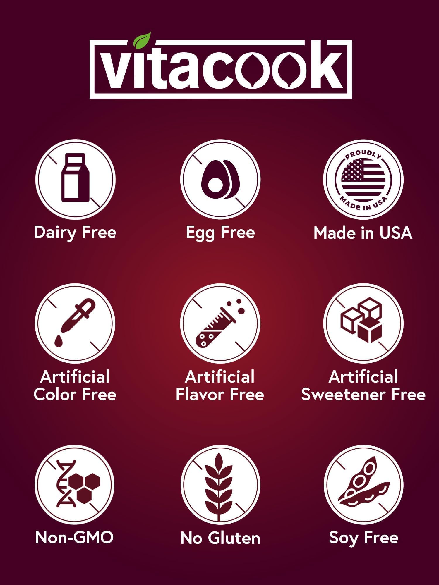 Vitacook non-GMO gluten-free dairy-free label image communicates clean ingredients.