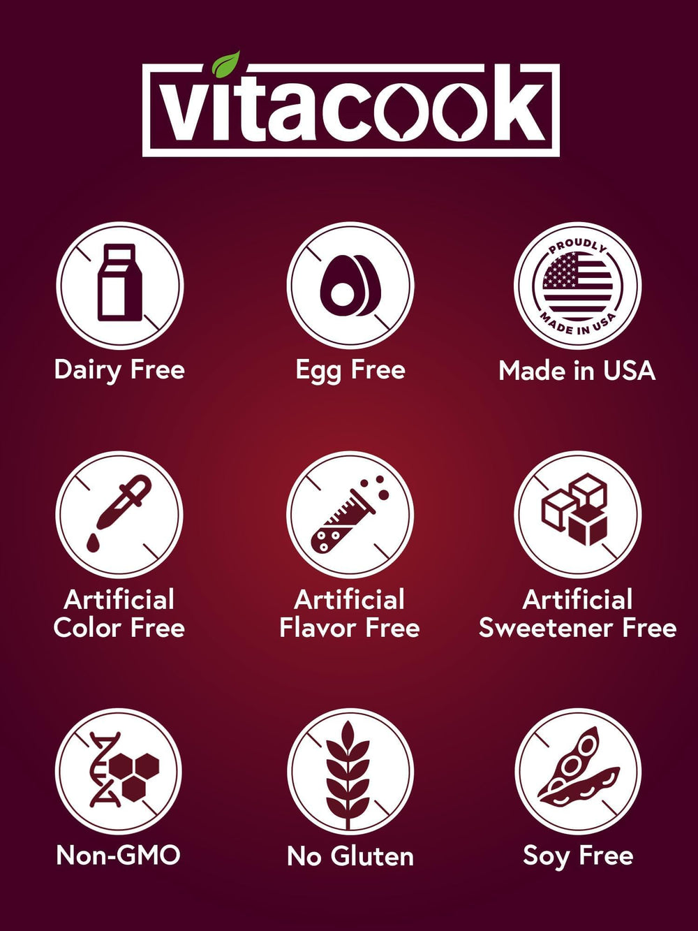 Vitacook non-GMO gluten-free dairy-free label image communicates clean ingredients.