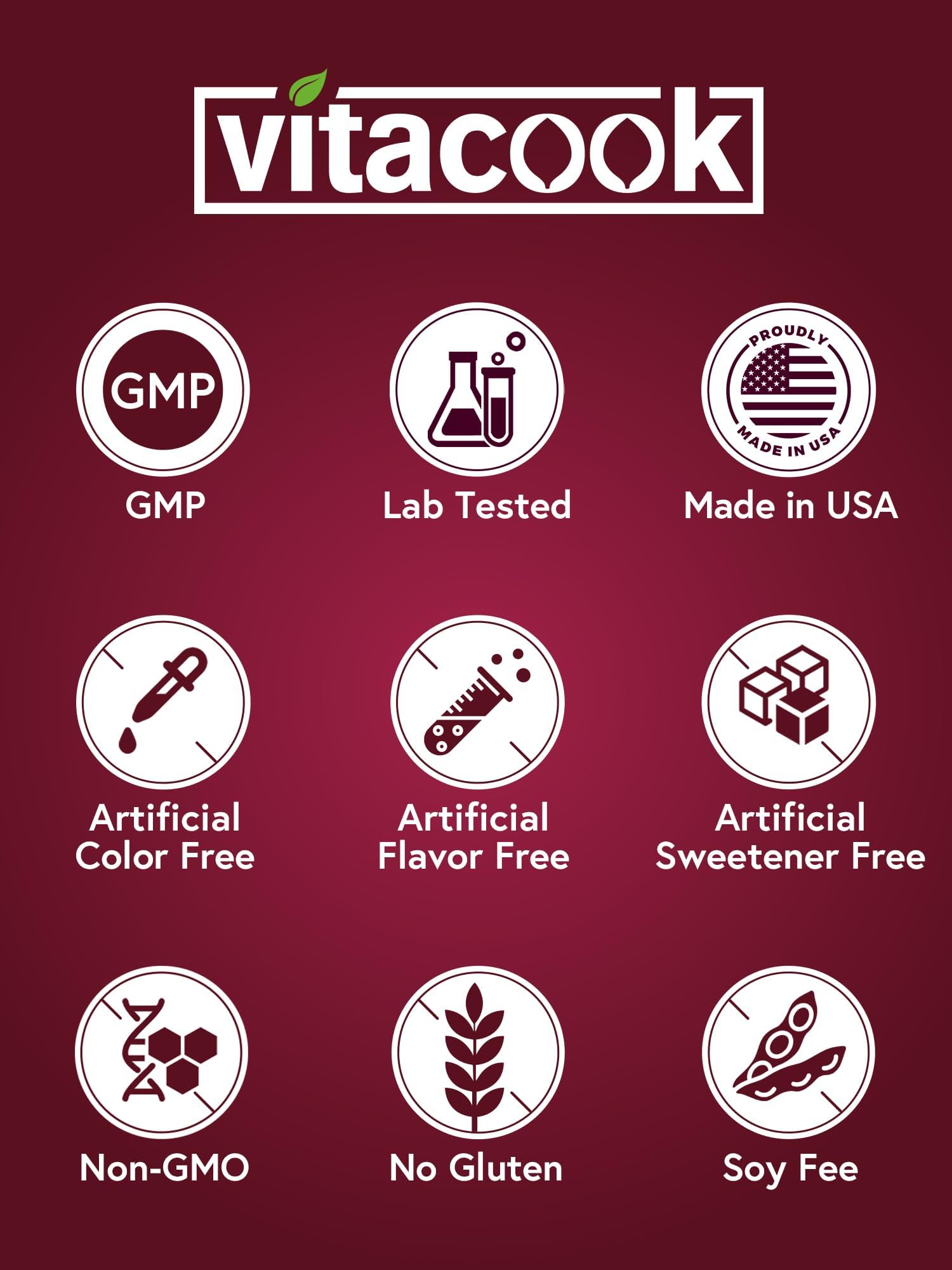 Vitacook vegan iron capsules in blister pack illustrate non-GMO and dairy-free profile