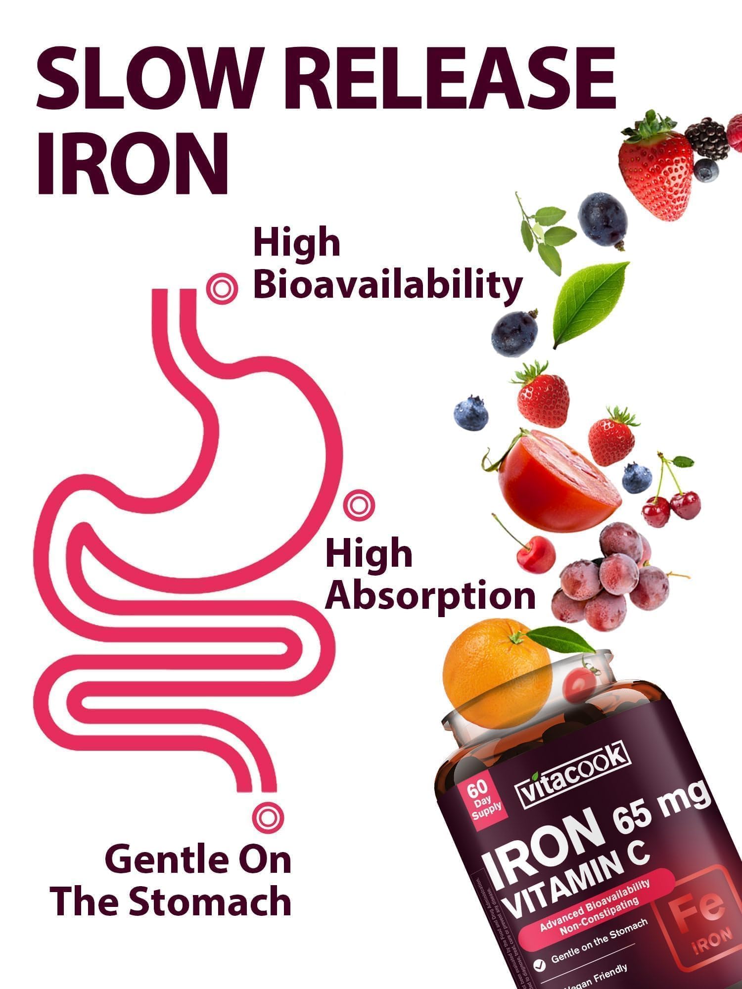 Vegan and non-GMO badge on Vitacook iron supplement packaging.
