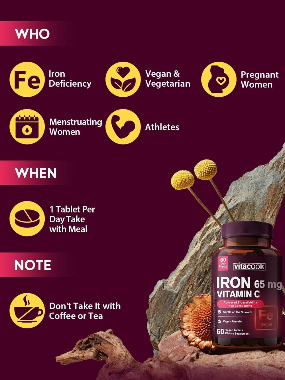 Vitamin C badge and label on Vitacook iron supplement emphasizing absorption support.