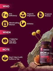 Vitamin C badge and label on Vitacook iron supplement emphasizing absorption support.