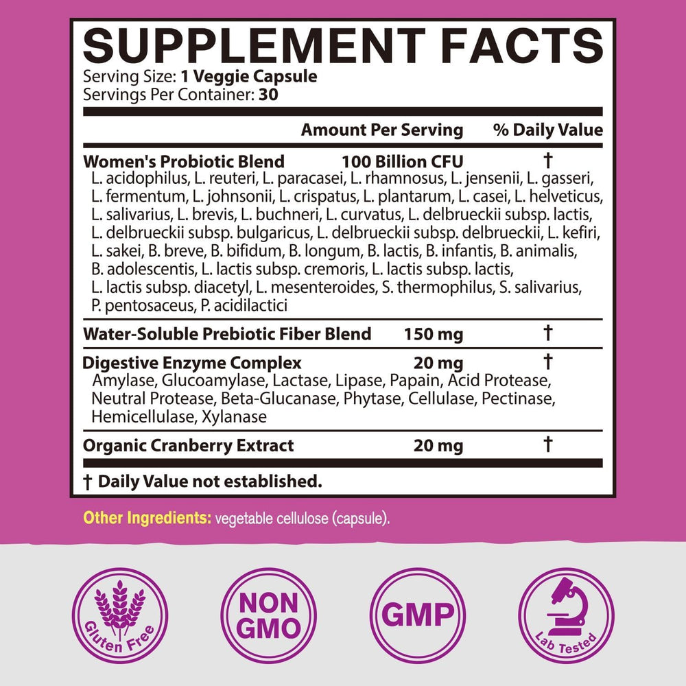 Vitacook Women’s Probiotics back label highlighting 100B CFU and 36 strains for balance.