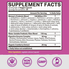 Vitacook Women’s Probiotics back label highlighting 100B CFU and 36 strains for balance.