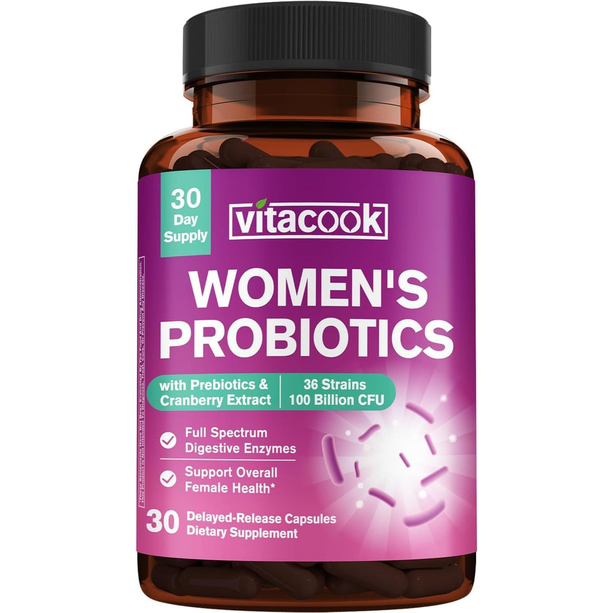 Vitacook Women’s Probiotics bottle front showcasing 30 vegan capsules for daily gut support.