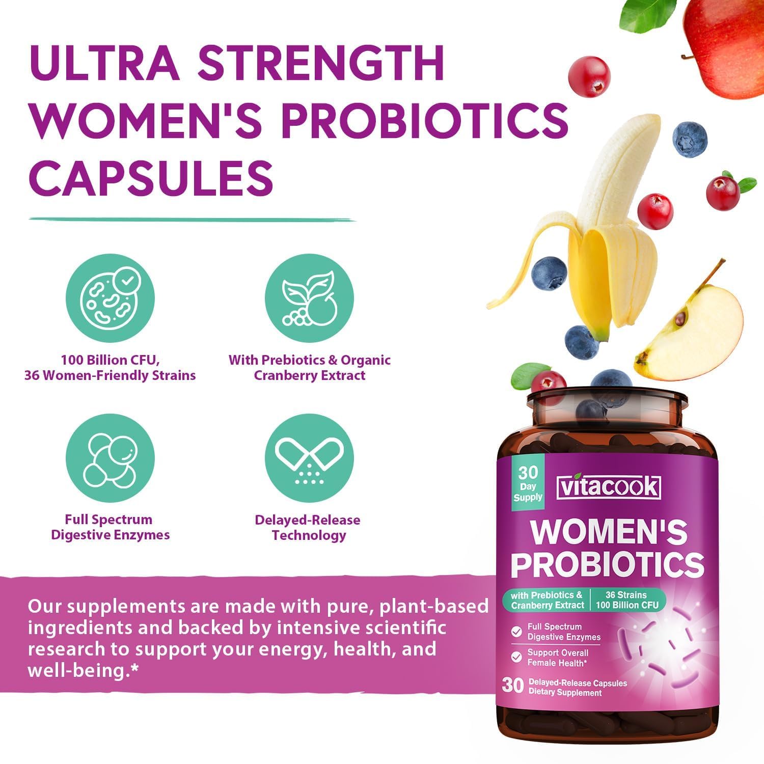 Vitacook Probiotics capsules closeup showing delayed-release for stomach-friendly delivery.
