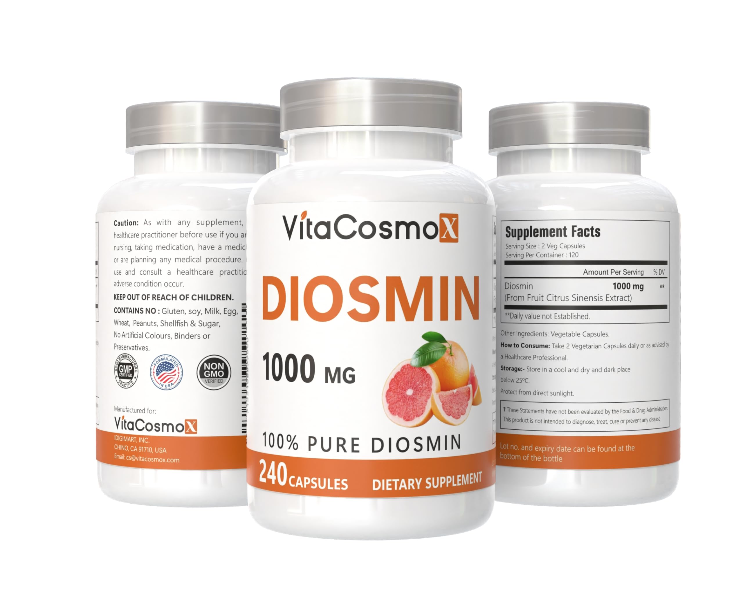 VitaCosmoX Diosmin bottle label close-up with 1000 mg serving and citrus ingredients