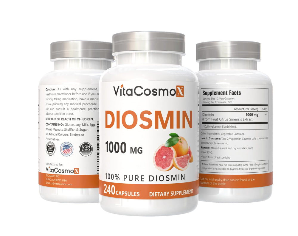 VitaCosmoX Diosmin bottle label close-up with 1000 mg serving and citrus ingredients