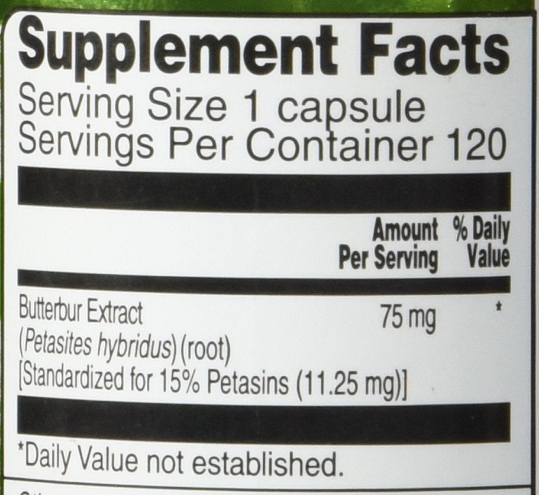 Vitacost Butterbur Extract standardized dose close-up on capsule packaging.