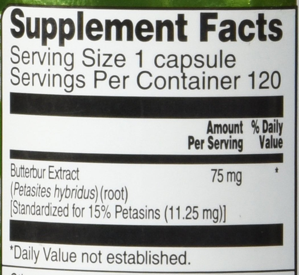 Vitacost Butterbur Extract standardized dose close-up on capsule packaging.