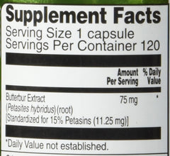 Vitacost Butterbur Extract standardized dose close-up on capsule packaging.