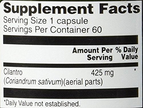Vitacost Cilantro bottle with label detail showing serving count and ingredients