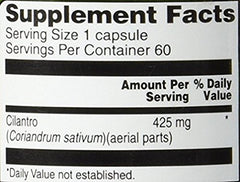 Vitacost Cilantro bottle with label detail showing serving count and ingredients
