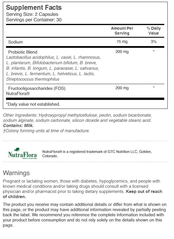 Vitacost Probiotic 15-35 ingredients panel highlights 15 strains and NutraFlora.