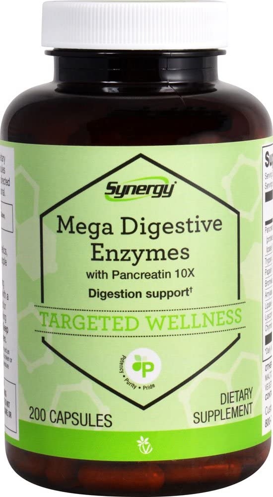 Vitacost Synergy Mega Digestive Enzymes bottle with capsules for enhanced nutrient digestion.