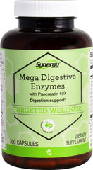 Vitacost Synergy Mega Digestive Enzymes bottle with capsules for enhanced nutrient digestion.